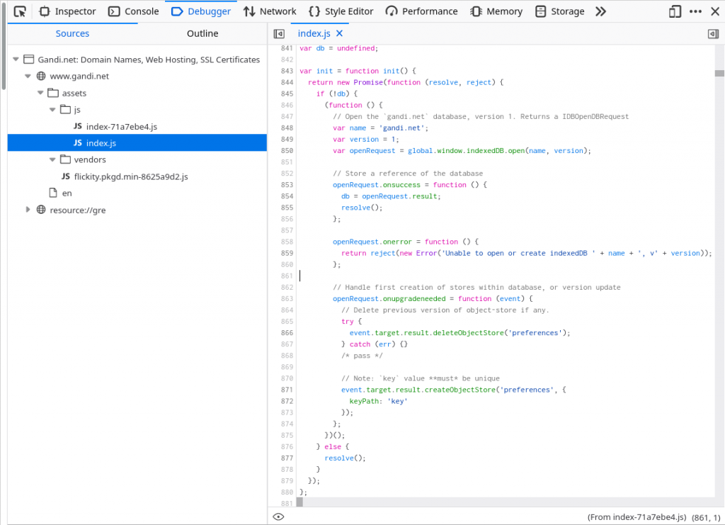 Sample of JavaScript code on www.gandi.net, as seen through Firefox Devtools: IndexedDB initialization