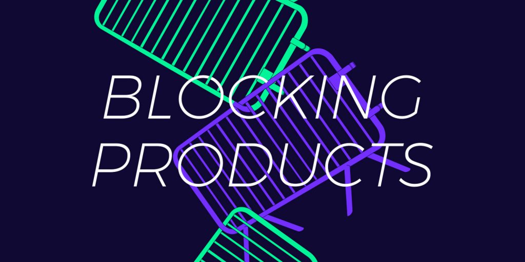 The text "Blocking Products" in white on a black background with neon purple and neon green notepads in the background
