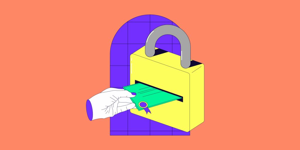A hand extracting a paper certificate from a closed lock