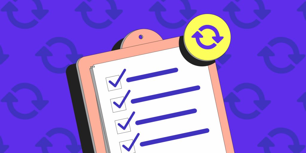 A checklist on a clipboard with a refresh icon superimposed, over a purple background, symbolizing effective contact forms