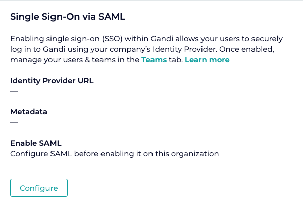 Screenshot of the Single Sign-on via SAML page in Gandi's interface.