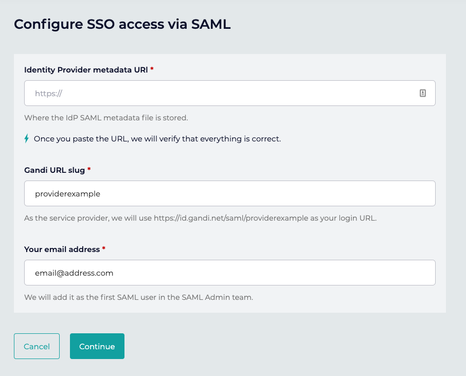 Animation of a screencast showing how to configure SSO access via SAML in the Gandi interface