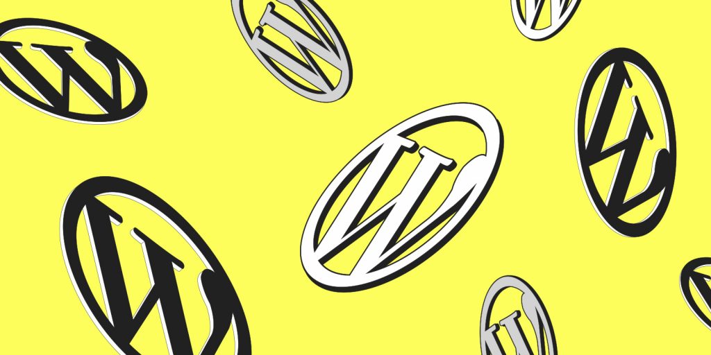 Several WordPress logos appearing to tilt and turn as they fall against a yellow backdrop