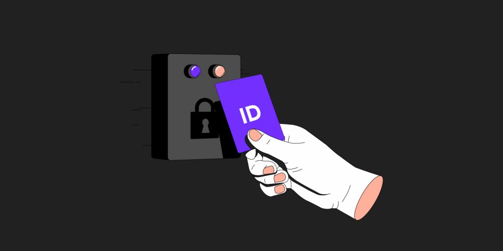 A hand touching a purple card with the word "ID" on it to a keypad with a lock symbol on it and two lights, one darkened, the other lit up in red on a black-grey background