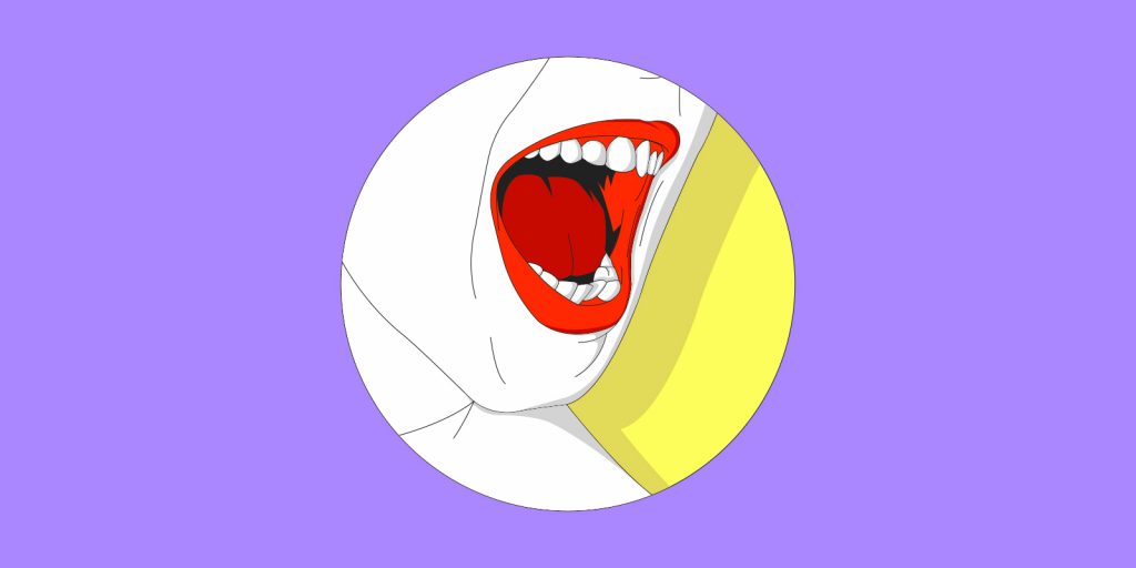 An open mouth, in the middle of speaking, representing voice search, on a yellow background, inside of a circle in a lilac-colored field