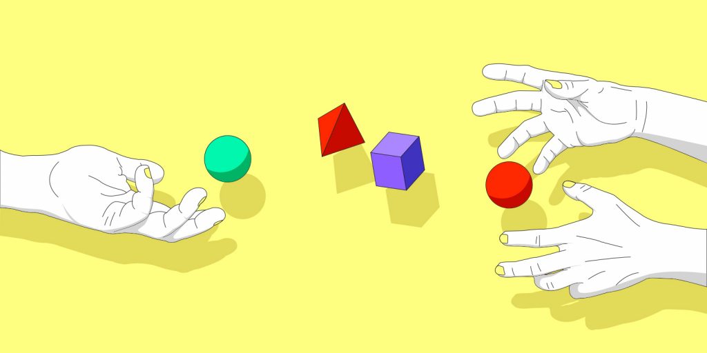 File transfers symbolized by two sets of hands releasing and receiving four 3D figures of various colors across a pale yellow backdrop.