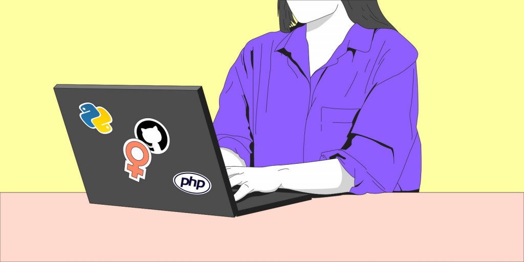 An anonymous, female-presenting person in a purple button up shirt, typing on a laptop with stickers that have the php logo, the Github logo, the Python logo, and the female symbol