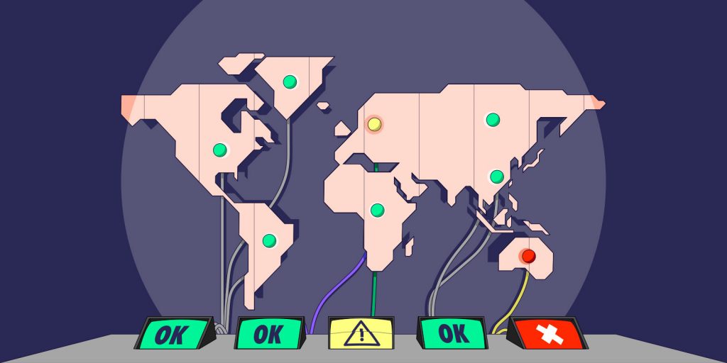 An illustration of a world map with light up dots distributed in different continents. Wires lead from these dots to television monitors with green screens with the word "OK" for some, a yellow screen with a warning symbol on another, and a red screen with a white X on another.