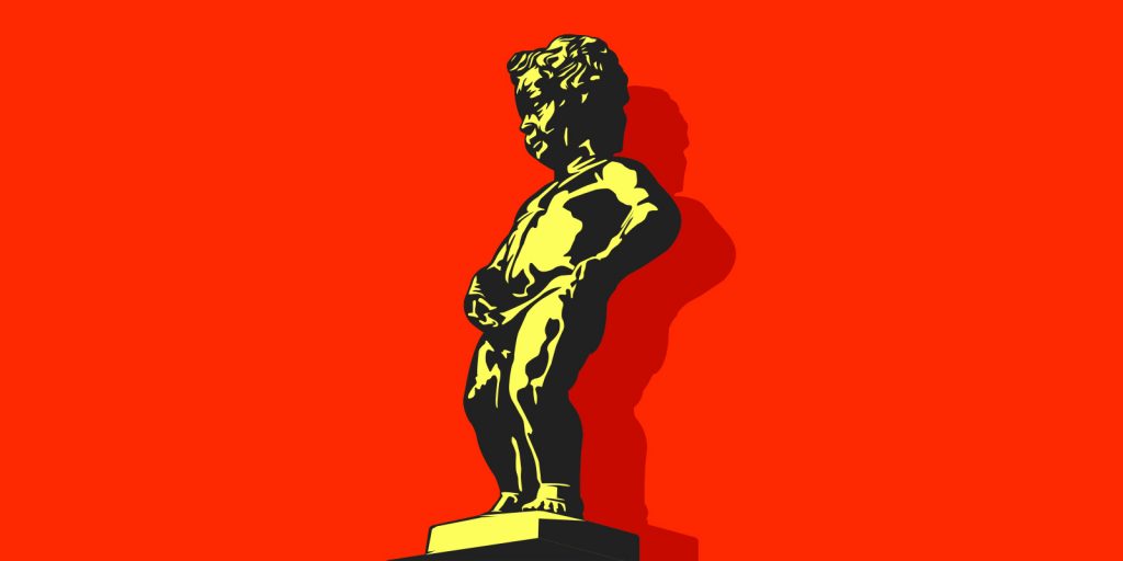 A depiction of the Manneken Pis sculpture located in Brussels on a red background