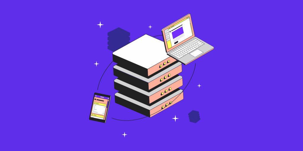 An illustration of a server stack floating on a purple background with stars. A laptop and a smartphone are floating nearby along an orbital path around the server stack.