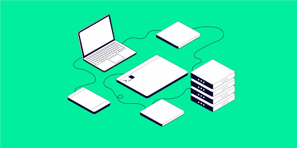 A laptop, a server stack, and various other generic machines connected to each other by cords on a neon green background