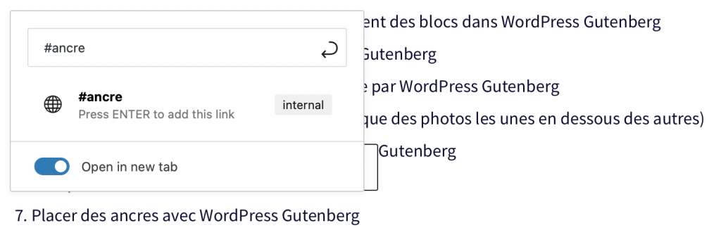 Placer des ancres avec WordPress Gutenberg-suite