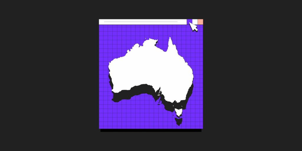 A white outline of the country of Australia on a purple background within an operating system window with a mouse cursor hovering over the minimize button.tton.