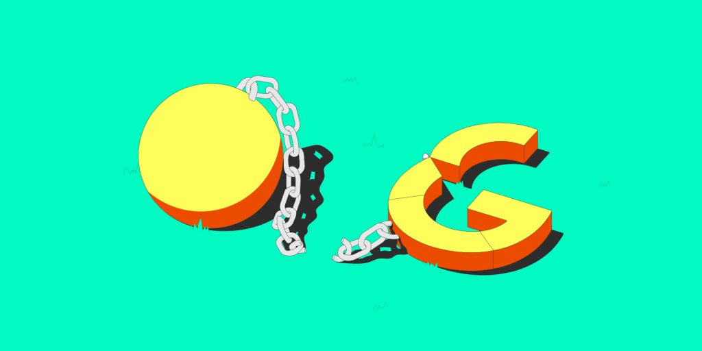 A broken Google G and a broken ball-and-chain next to it, representing liberation from Google