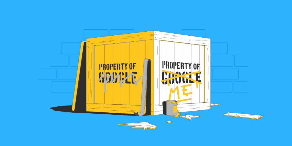 A wooden crate with "Property of Google" stenciled on it, with "Google" scribbled out and replaced with "Me" on a sky blue background.