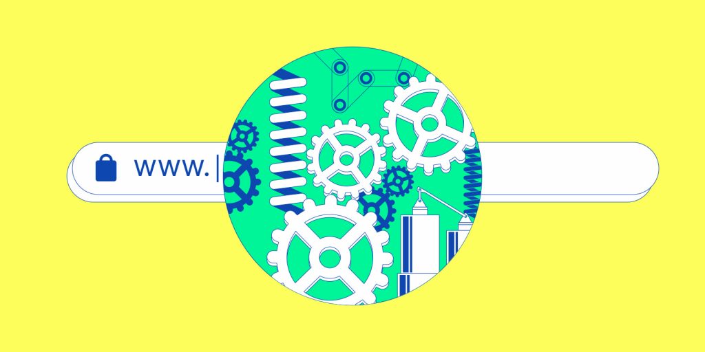 A white web browser address bar on a yellow background with a circle containing gears and springs representing the inner workings of URLs overlaid on top of the address bar