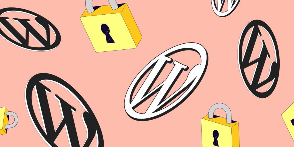 WordPress logos and padlocks floating on a salmon-colored field