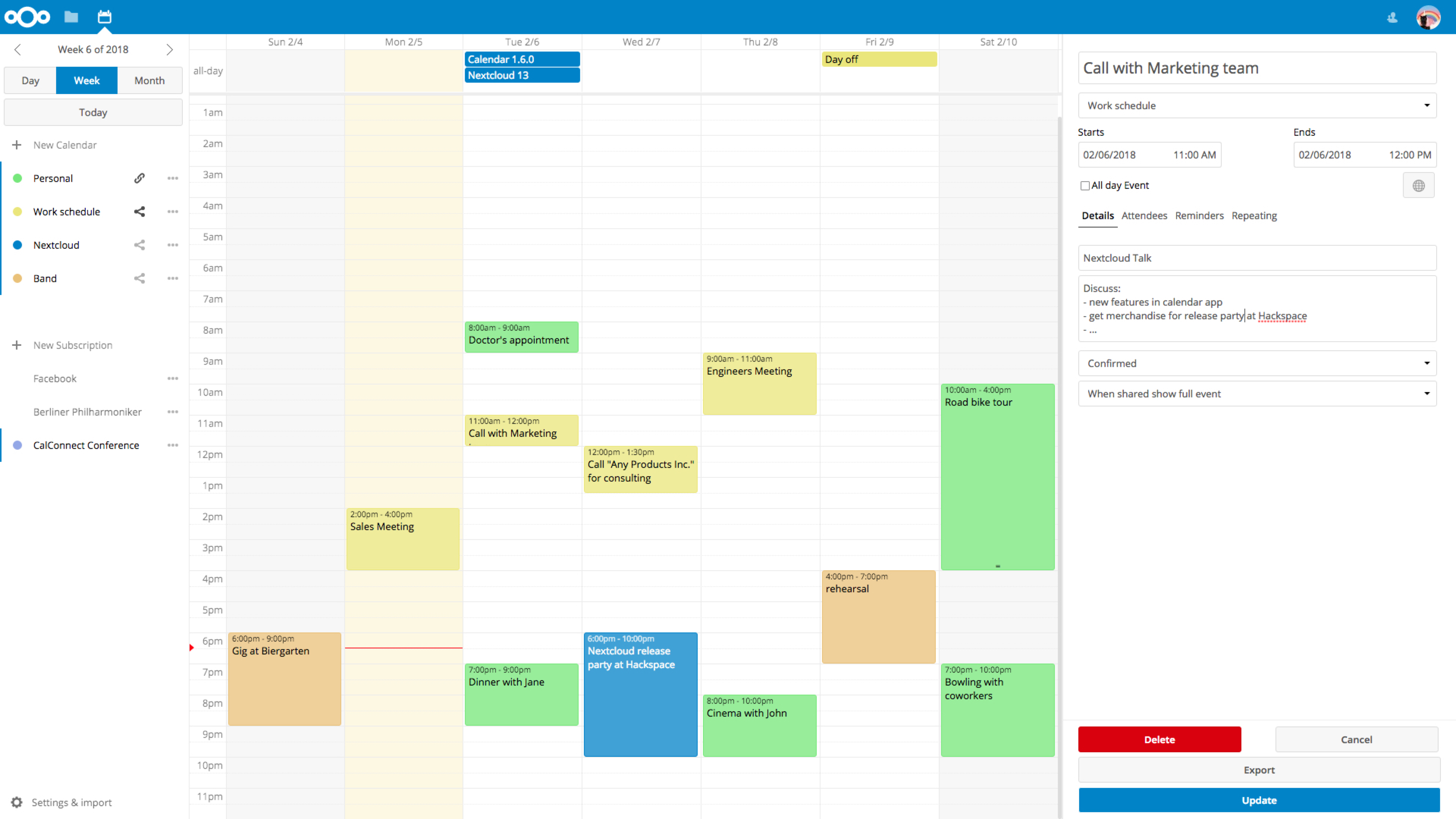A screenshot of a Nextcloud calendar, showing scheduled meetings with different color coding for a single week