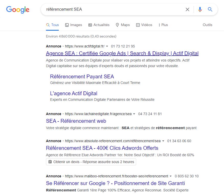 Exemple d'annonce publicitaire SEA sur Google
