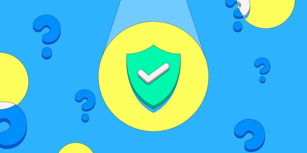 A green shield with a check mark on a blue field with question marks, signifying how to find an SSL certificate's Root CA