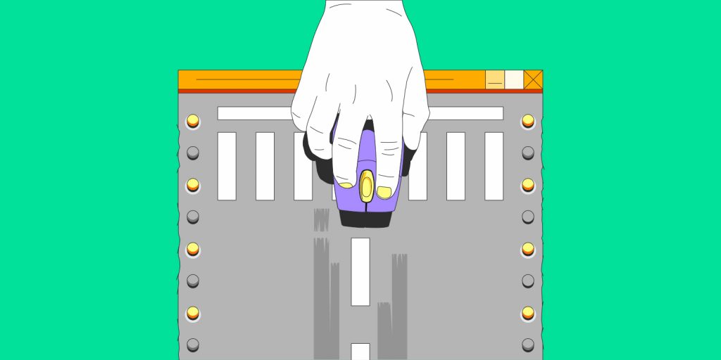 A depiction of a hand lowering a mouse onto a runway inside of a computer window that represents the concept of a landing page